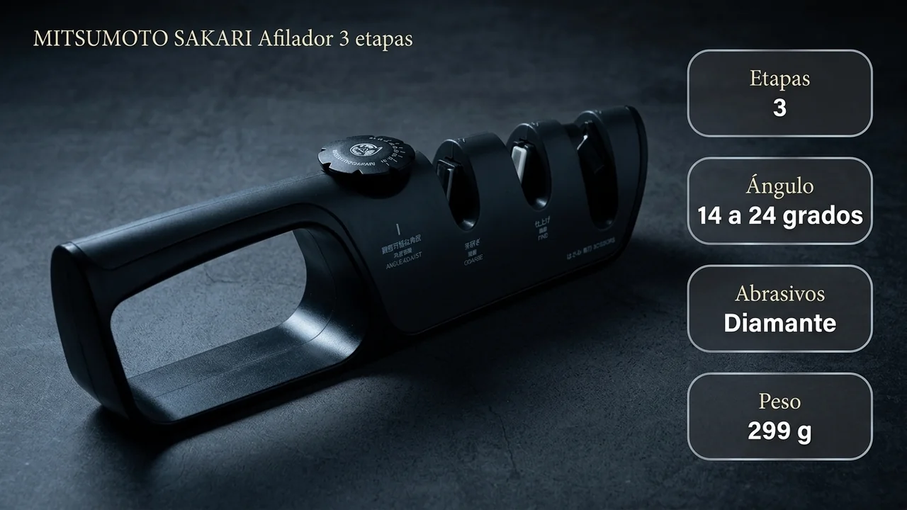 Ficha del afilador MITSUMOTO SAKARI: 3 etapas, angulo regulable de 14 a 24 grados, abrasivos de diamante y 299 gramos