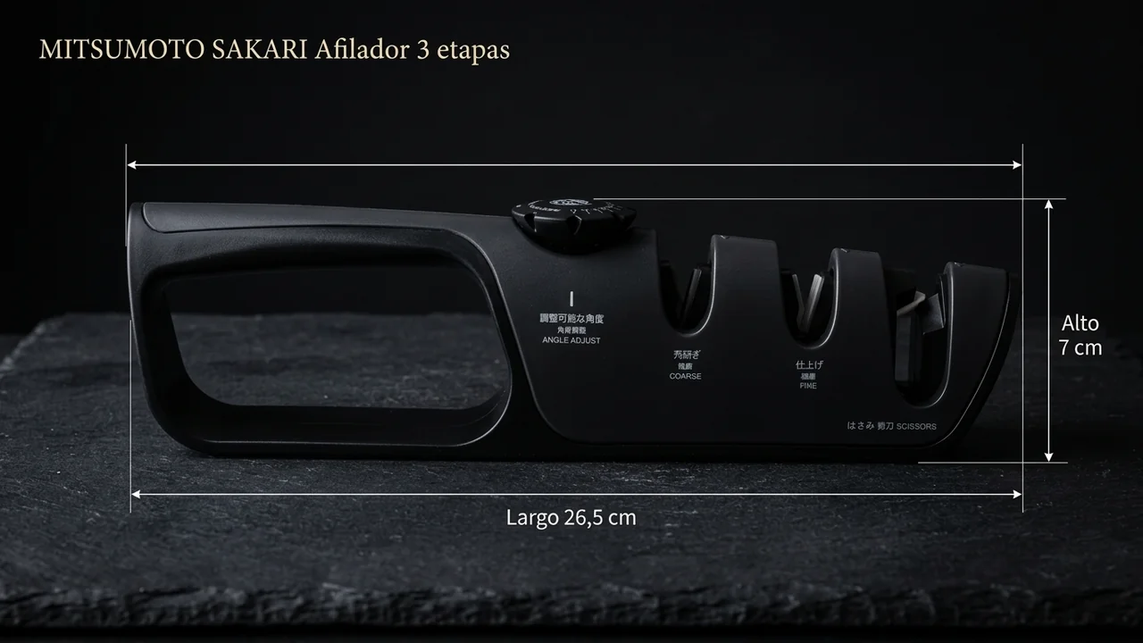 Afilador de cuchillos MITSUMOTO SAKARI de 3 etapas con sus medidas: 26,5 cm de largo y 7 cm de alto