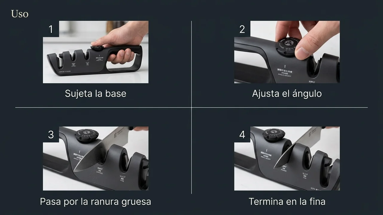 Cuatro pasos para usar el afilador MITSUMOTO SAKARI: sujetar la base, ajustar el angulo, pasar por la ranura gruesa y terminar en la fina