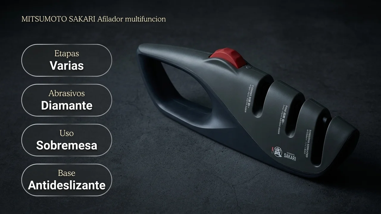 Ficha técnica del afilador multifunción MITSUMOTO SAKARI: varias etapas, abrasivos de diamante y base antideslizante