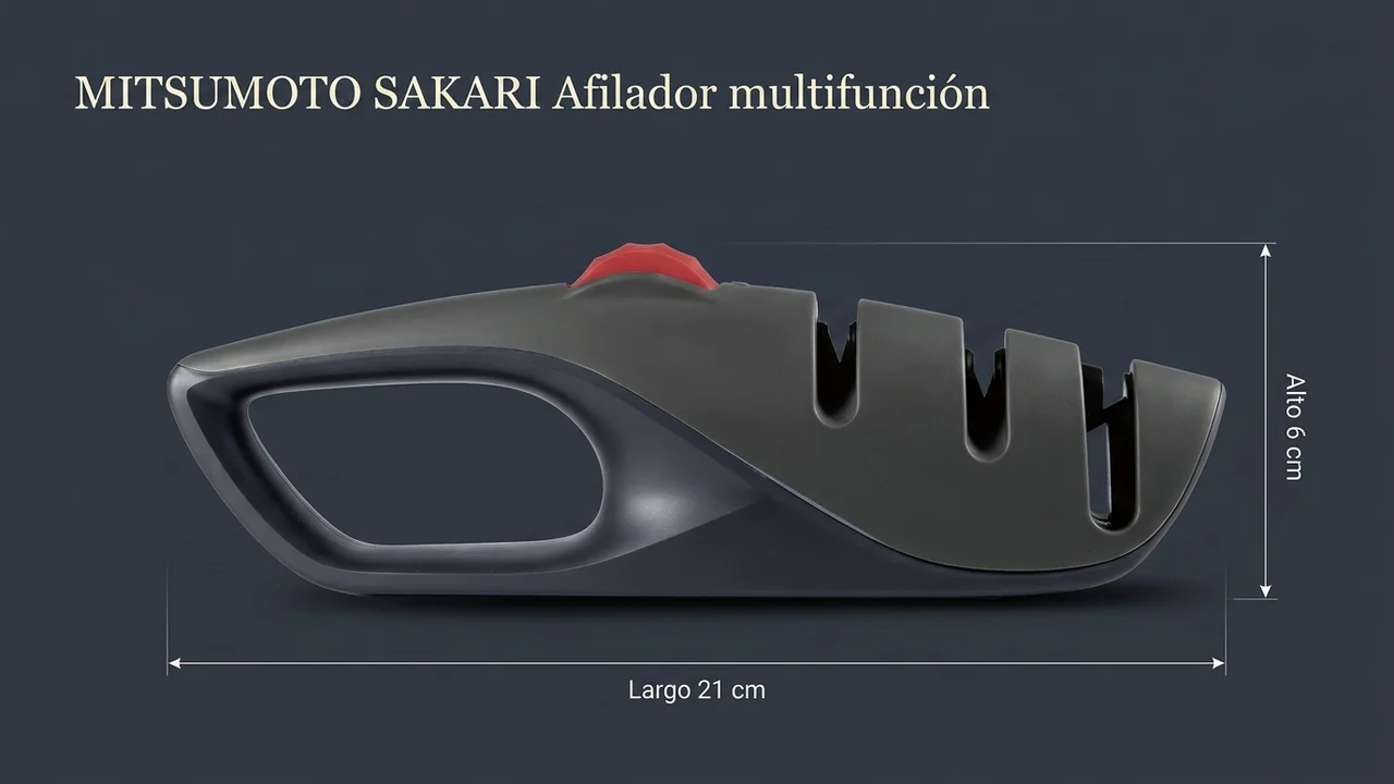 Medidas del afilador multifunción MITSUMOTO SAKARI: 21 cm de largo y 6 cm de alto, acotadas sobre pizarra oscura