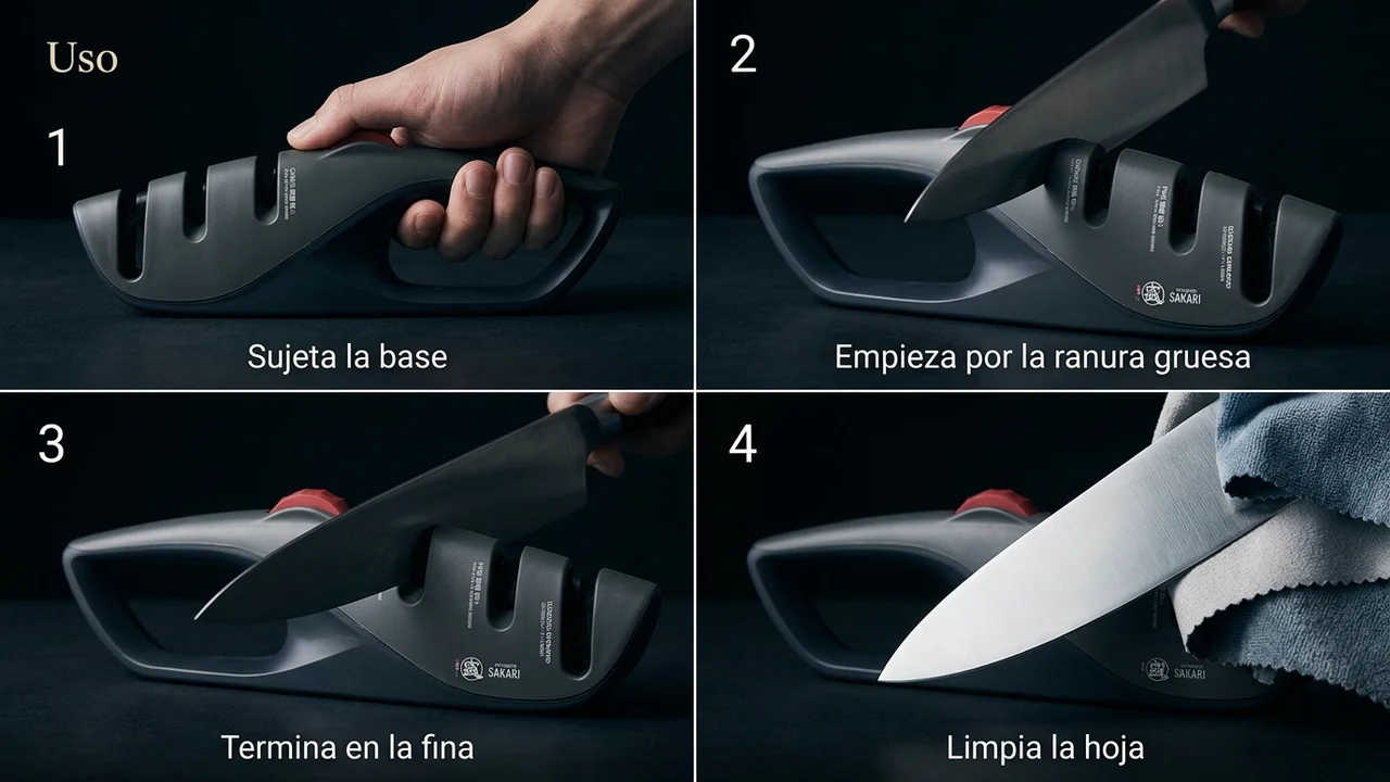 Cuatro pasos para usar el afilador multifunción MITSUMOTO SAKARI: sujetar la base, ranura gruesa, ranura fina y repaso