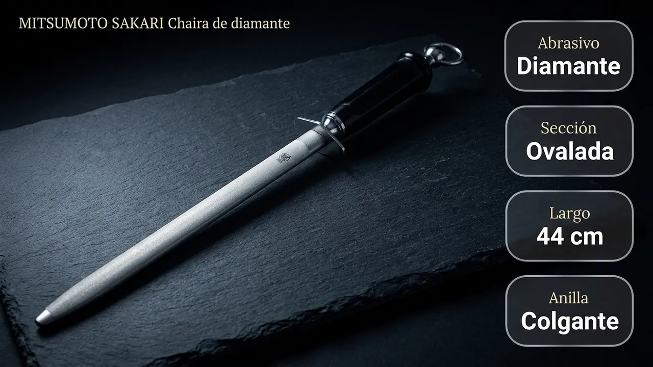 Datos de la chaira MITSUMOTO SAKARI: revestimiento de diamante, seccion ovalada, 44 cm y anilla para colgar