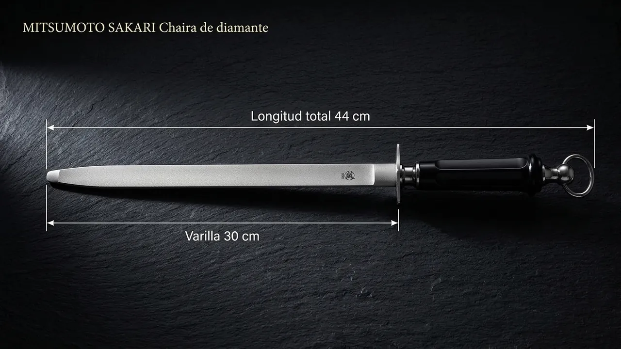 Chaira de diamante MITSUMOTO SAKARI acotada: 44 cm de longitud total con varilla ovalada de 30 cm