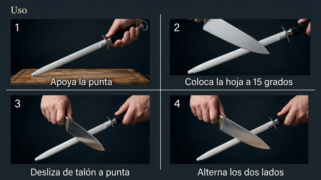 Como usar la chaira de diamante MITSUMOTO SAKARI: apoyar la punta, colocar la hoja a 15 grados y deslizar alternando lados