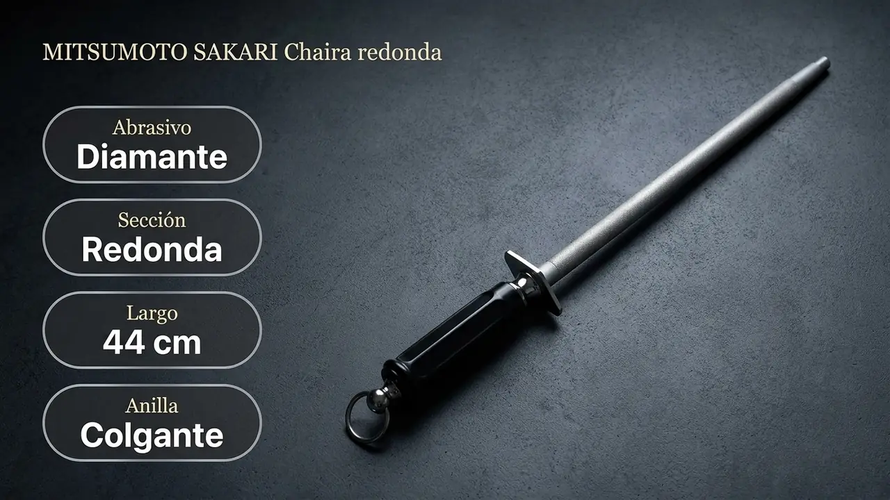 Datos de la chaira redonda MITSUMOTO SAKARI: abrasivo de diamante, seccion redonda y anilla para colgar