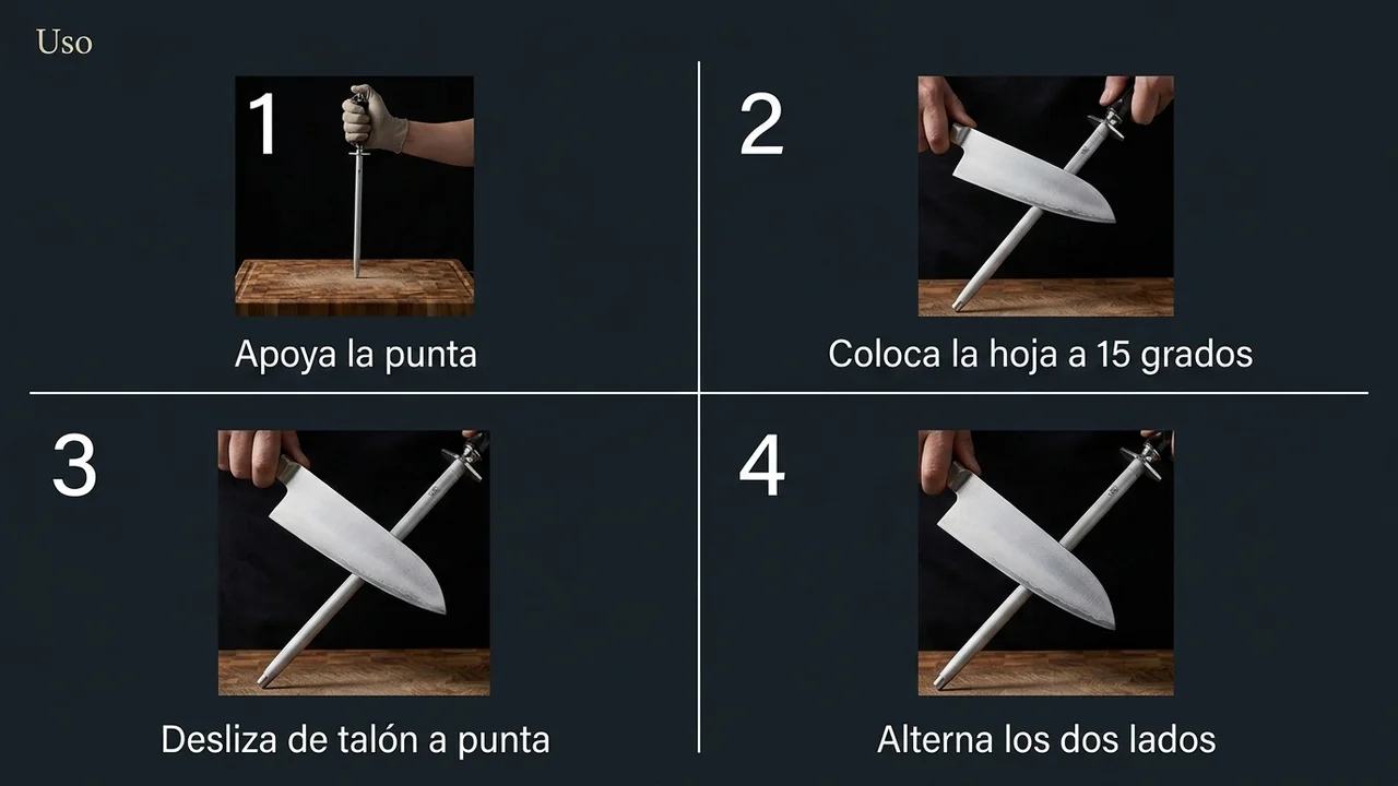 Como usar la chaira redonda MITSUMOTO SAKARI en cuatro pasos, desde apoyar la punta hasta alternar los dos lados