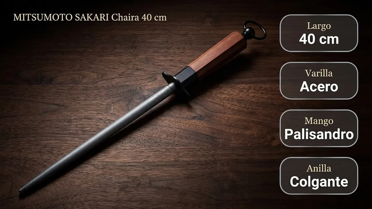 Datos de la chaira MITSUMOTO SAKARI de 40 cm: varilla de acero, mango de palisandro y anilla colgante