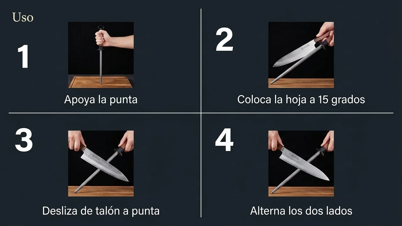 Cuatro pasos para usar la chaira MITSUMOTO SAKARI de 40 cm apoyada sobre la tabla