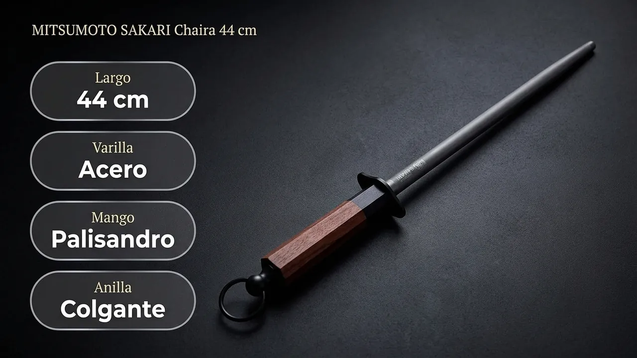 Ficha de la chaira MITSUMOTO SAKARI de 44 cm: varilla de acero, mango de palisandro y anilla para colgar