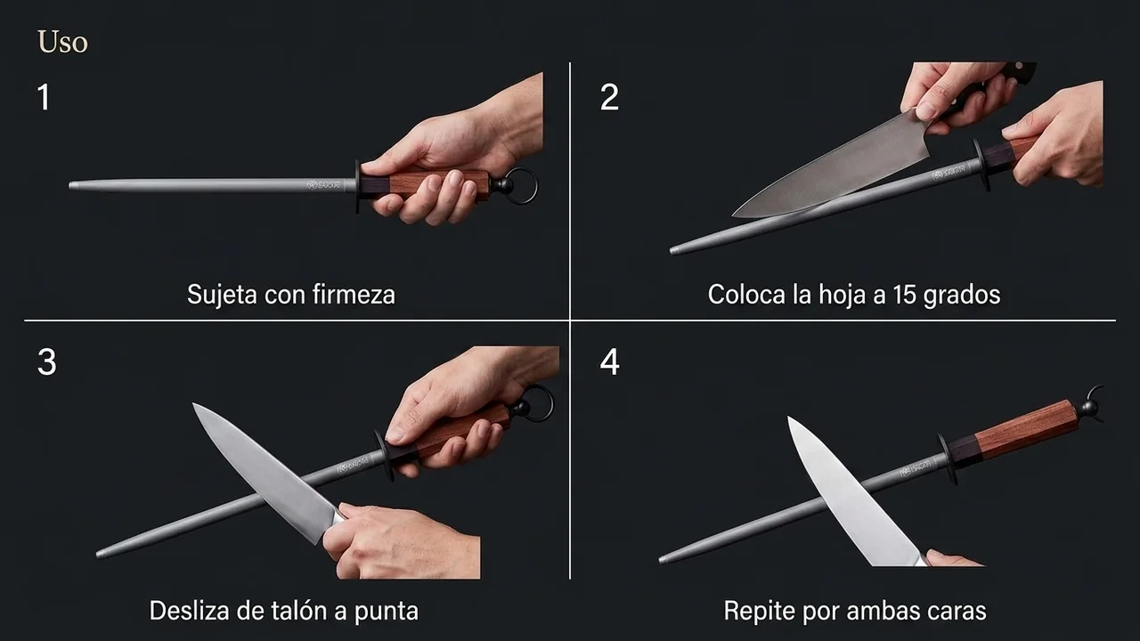 Cuatro pasos para afilar con la chaira MITSUMOTO SAKARI de 44 cm sujeta en el aire