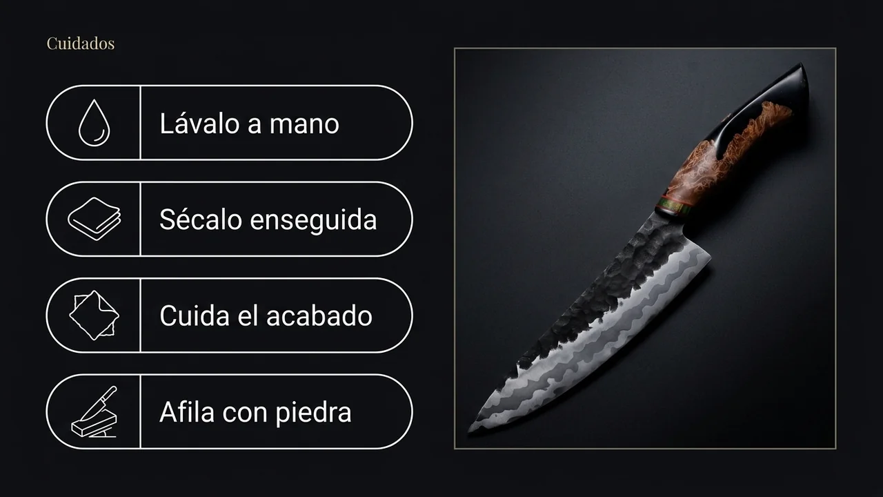 Cuidados del chef kurouchi MITSUMOTO SAKARI: lavar a mano, secar enseguida, cuidar el acabado y afilar en piedra