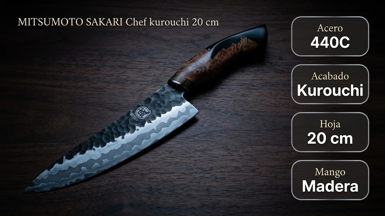 Ficha del chef kurouchi MITSUMOTO SAKARI: acero 440C, acabado kurouchi y hoja de 20 centimetros
