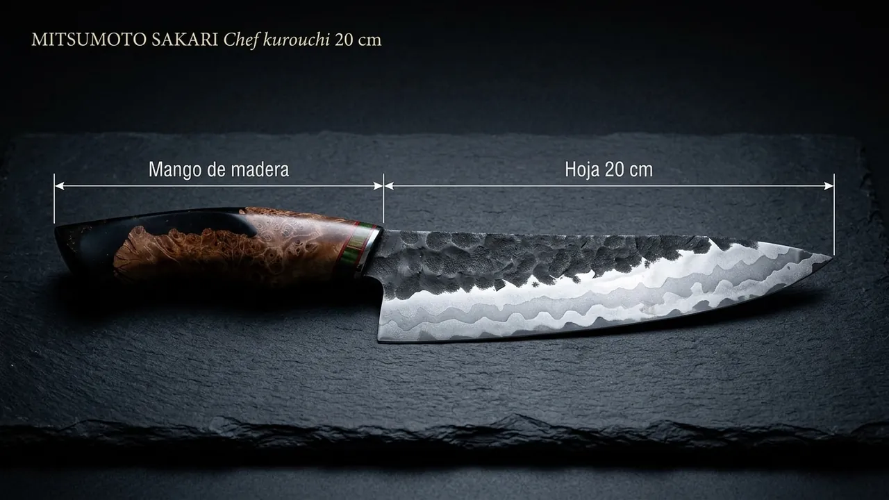Chef kurouchi MITSUMOTO SAKARI acotado: hoja de 20 cm con acabado kurouchi y mango de madera