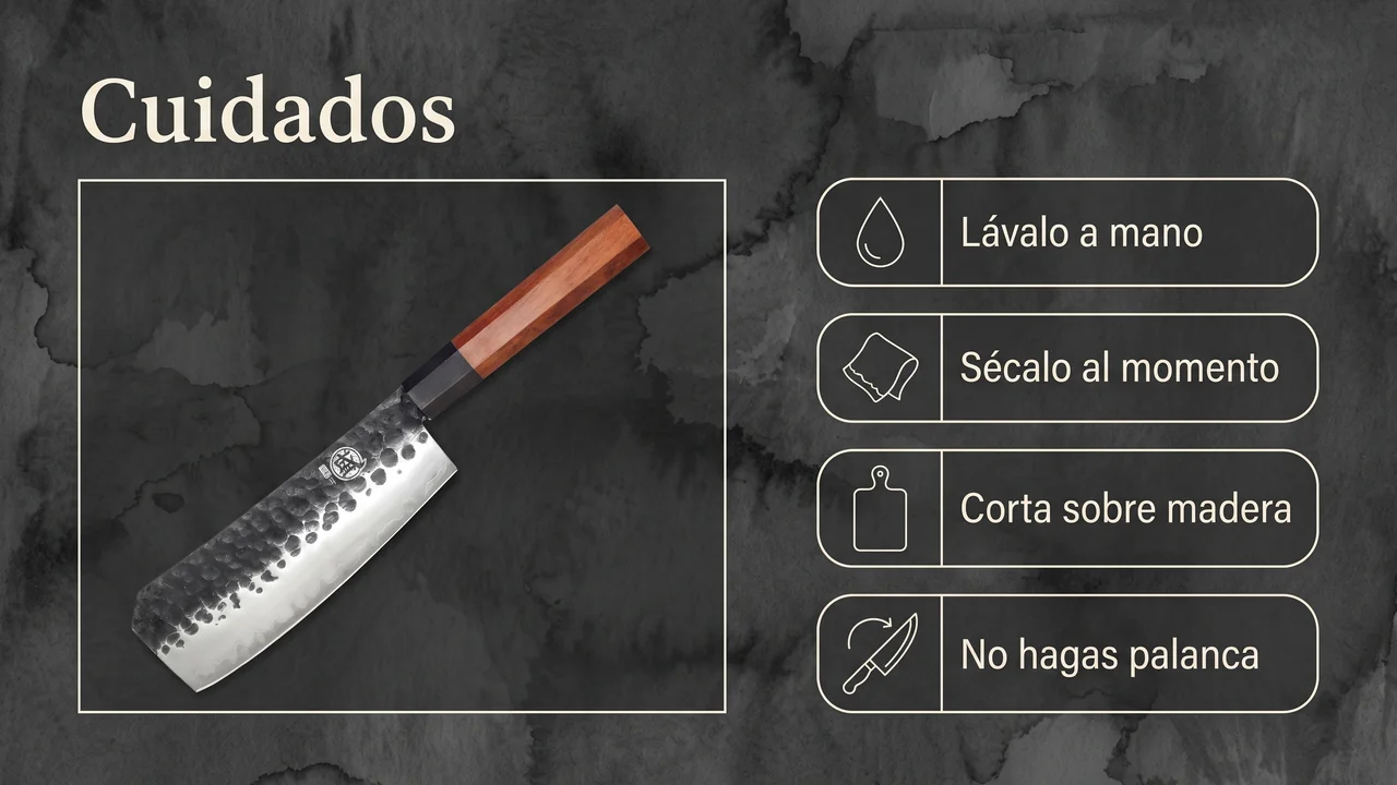 Cuidados del cuchillo de hueso MITSUMOTO SAKARI: lavado a mano, secado inmediato, corte sobre madera y sin hacer palanca