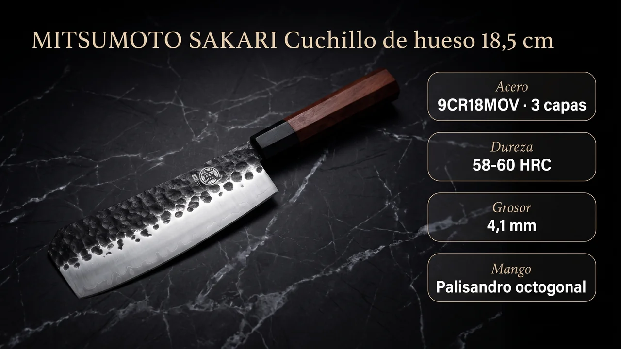 Ficha técnica del cuchillo de hueso MITSUMOTO SAKARI: acero 9CR18MOV de 3 capas, 58-60 HRC, 4,1 mm de grosor y mango de palisandro