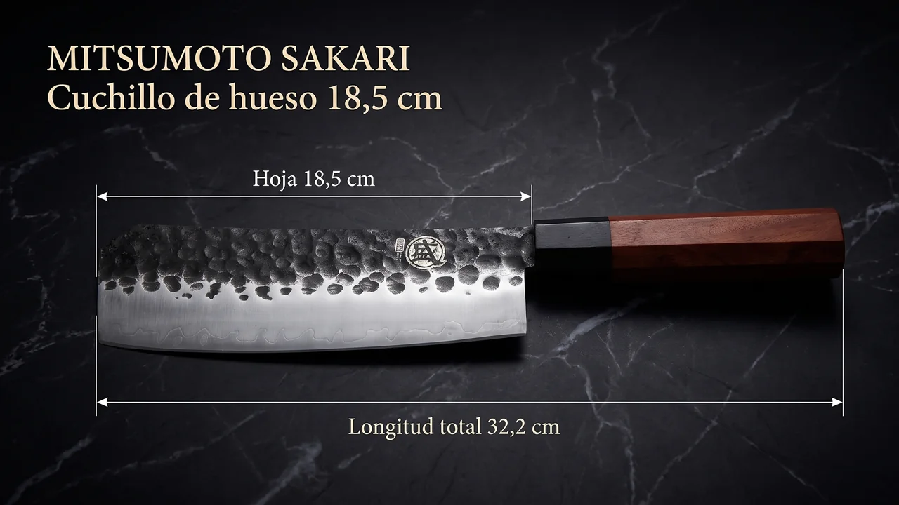 Medidas del cuchillo de hueso MITSUMOTO SAKARI: 18,5 cm de hoja y 32,2 cm de longitud total, acotadas sobre mármol negro