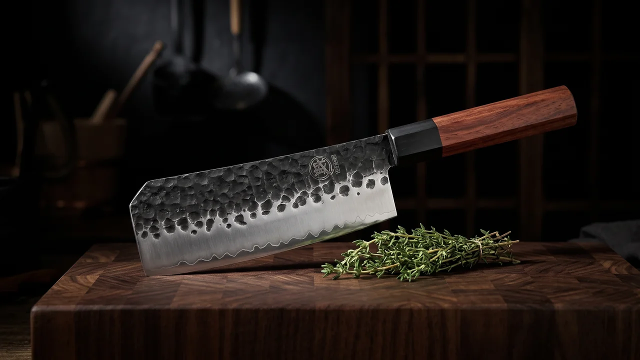Cuchillo de hueso Mitsumoto Sakari de hoja ancha martillada de 18,5 cm con mango octogonal de palisandro