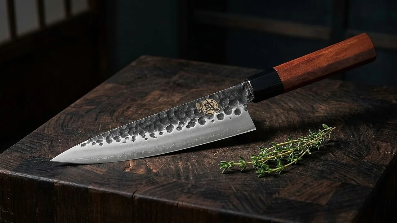 Cuchillo deshuesador japonés Mitsumoto Sakari de acero triple capa con mango de palo de rosa