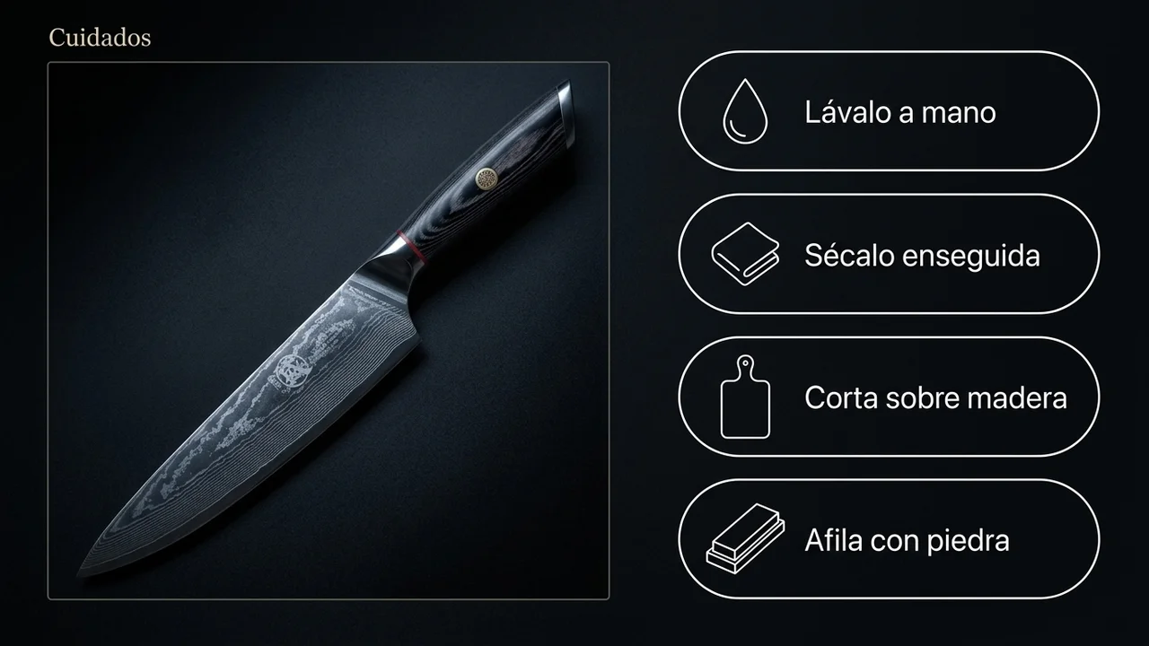 Cuidados del gyuto damasco MITSUMOTO SAKARI de 20 cm: lavado a mano, secado inmediato y afilado en piedra