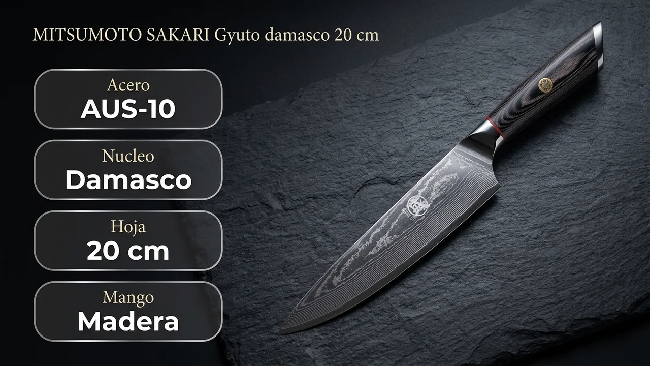Ficha técnica del gyuto damasco MITSUMOTO SAKARI de 20 cm: acero AUS-10 con núcleo damasco y mango de madera pakka