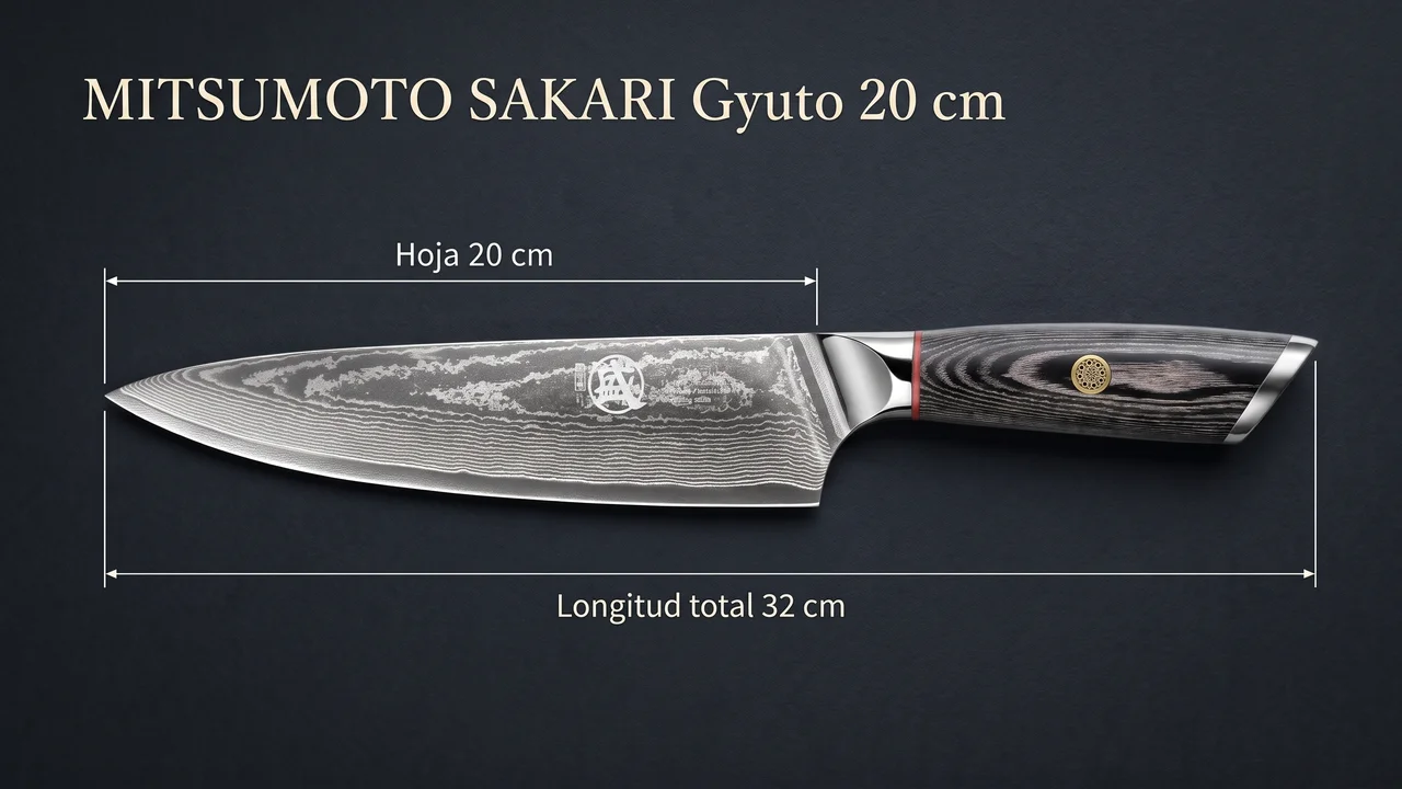 Medidas del gyuto damasco MITSUMOTO SAKARI de 20 cm: hoja de 20 cm y 32 cm de longitud total sobre pizarra oscura