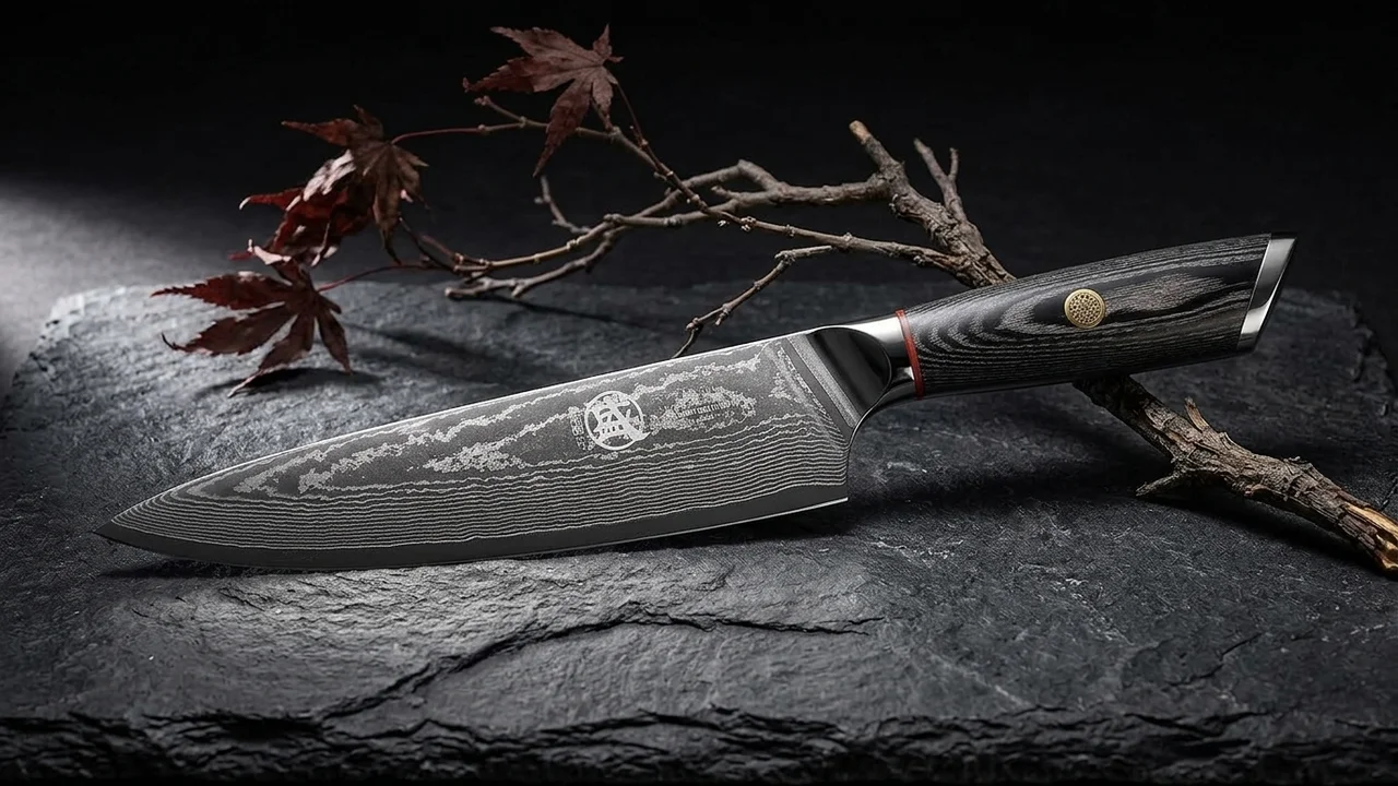 Cuchillo gyuto japonés Mitsumoto Sakari de acero damasco AUS-10 con mango de pakkawood