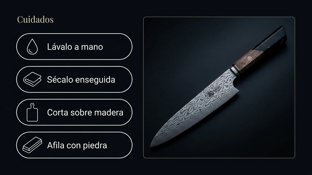 Cuidados del gyuto damasco MITSUMOTO SAKARI de 21,5 cm: lavar a mano, secar, cortar en madera y afilar en piedra