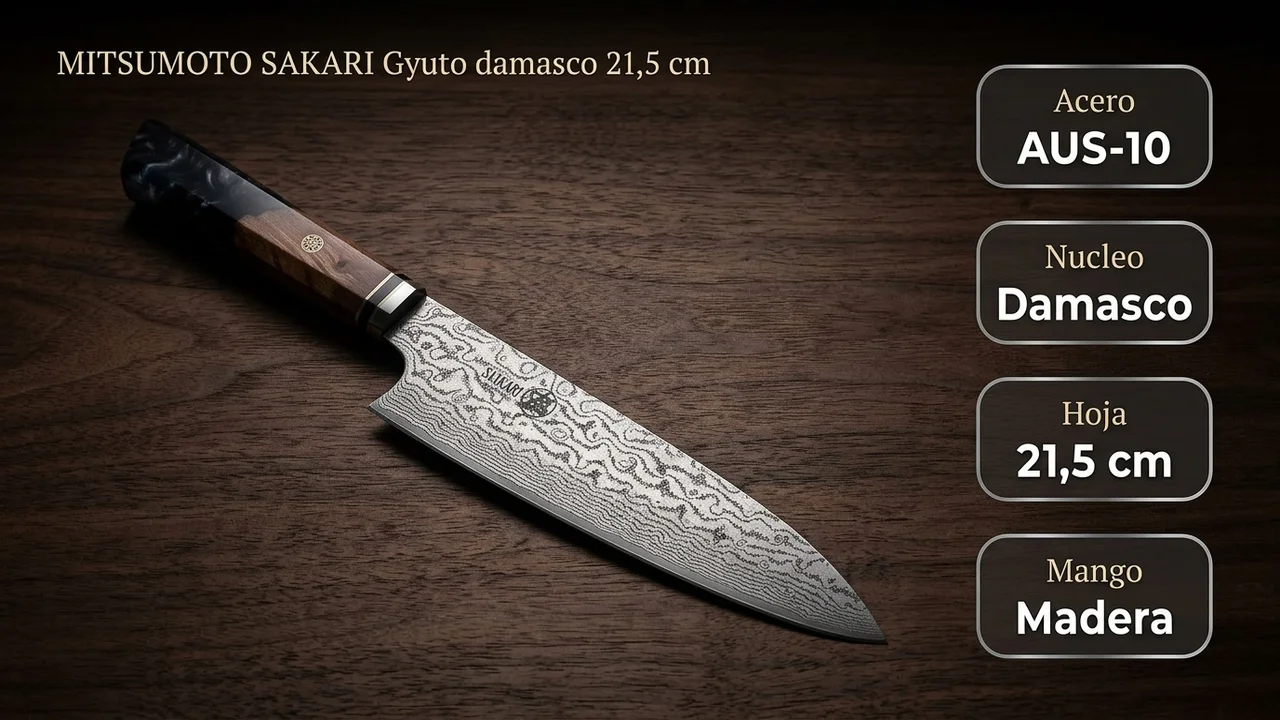 Datos del gyuto damasco MITSUMOTO SAKARI de 21,5 cm: acero AUS-10, núcleo damasco y mango de madera y resina