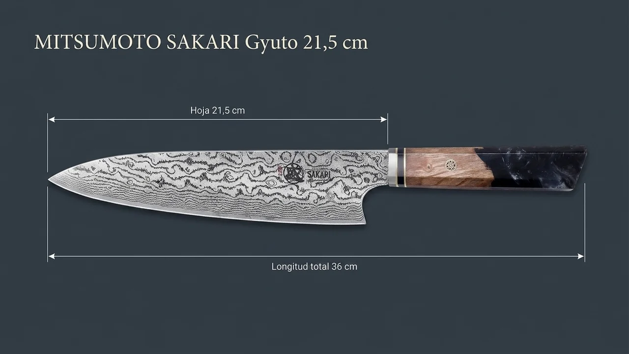 Medidas del gyuto damasco MITSUMOTO SAKARI de 21,5 cm: hoja de 21,5 cm y 36 cm de longitud total sobre piedra basáltica