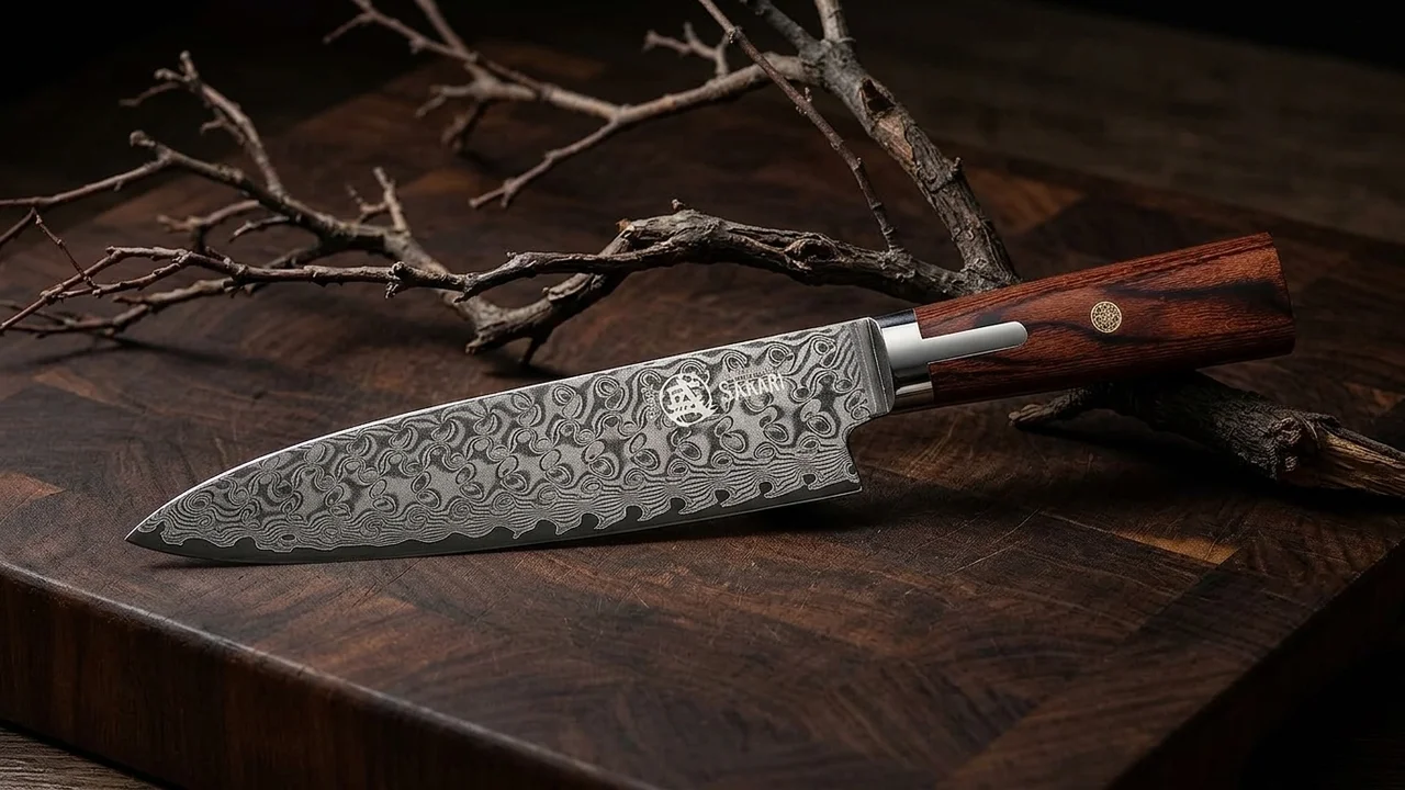 Cuchillo gyuto japonés Mitsumoto Sakari de damasco acero en polvo S301 con mango pakkawood