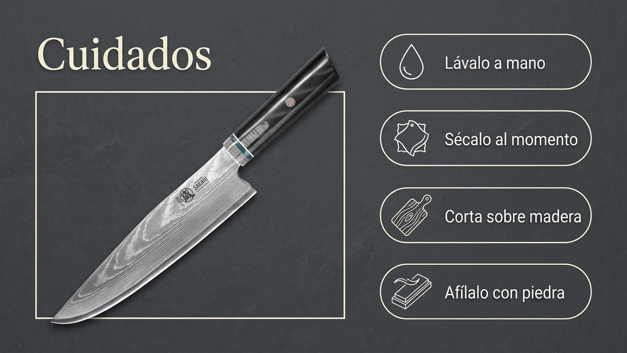 Cuidados del gyuto HAP40 de Mitsumoto Sakari: lavar a mano, cortar sobre madera y afilar con piedra
