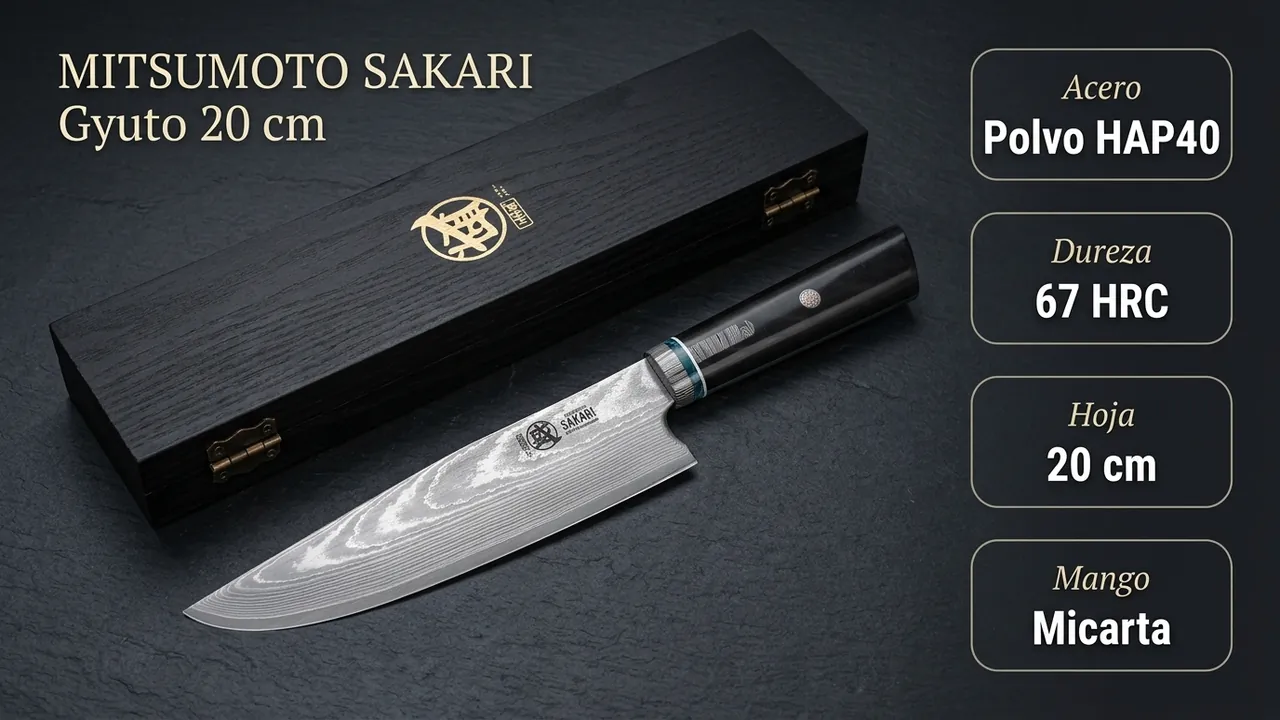 Ficha técnica del gyuto Mitsumoto Sakari: acero en polvo HAP40, 67 HRC y mango de micarta