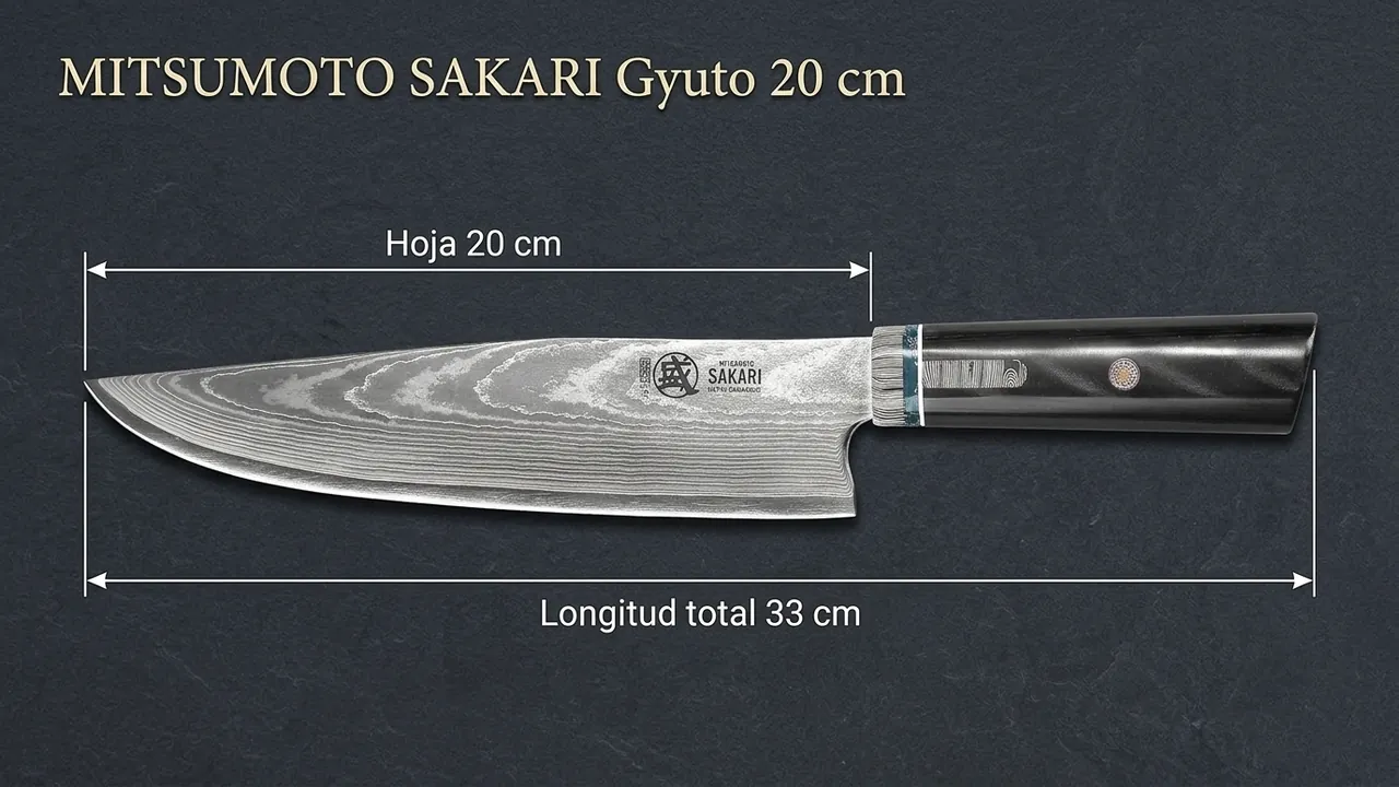 Medidas del gyuto Mitsumoto Sakari HAP40: 20 cm de hoja y 33 cm de longitud total