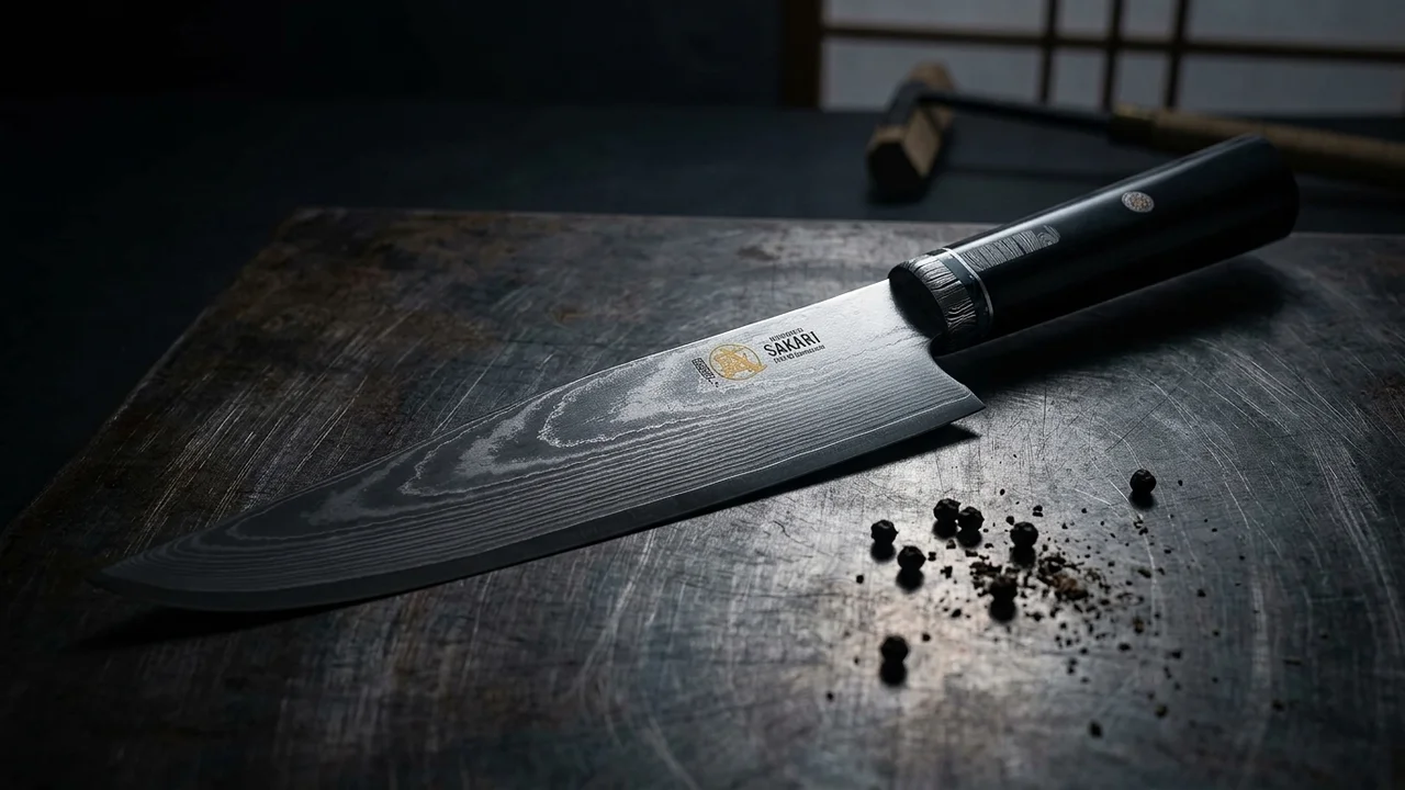 Cuchillo gyuto japonés Mitsumoto Sakari de acero en polvo HAP40 con mango de micarta