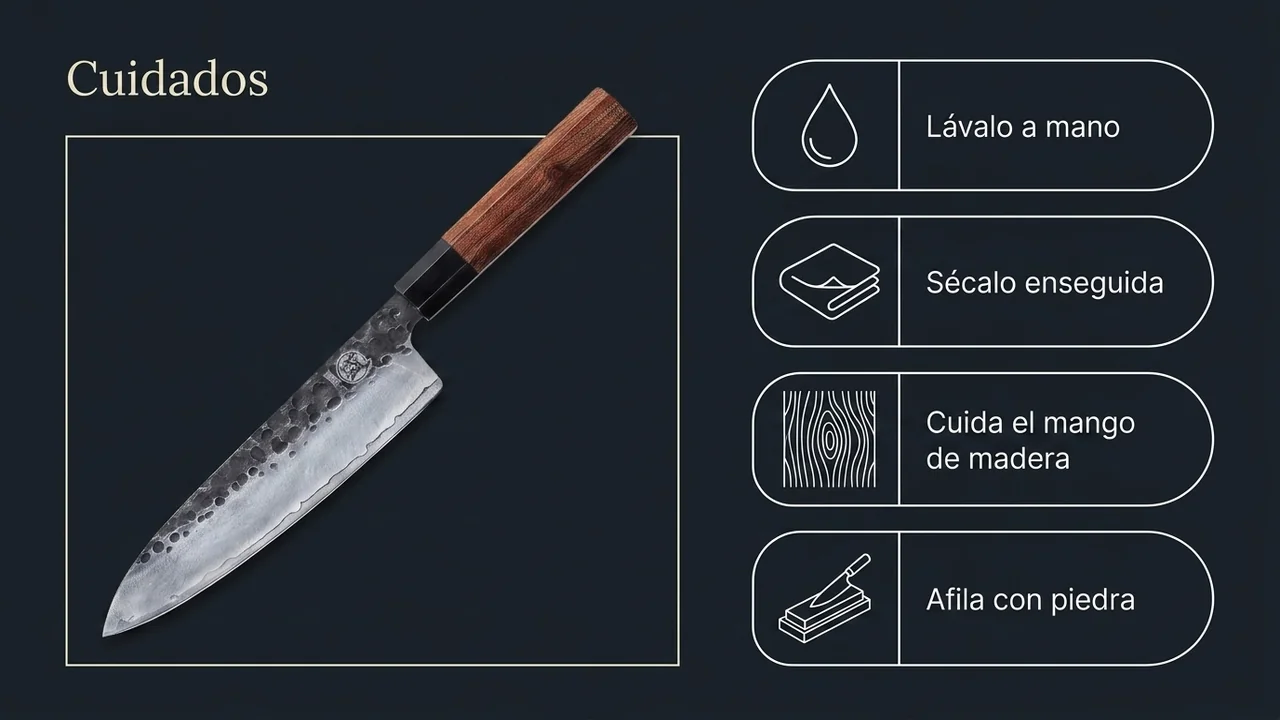 Cuidados del gyuto MITSUMOTO SAKARI: lavar a mano, secar enseguida, cuidar el mango de madera y afilar con piedra