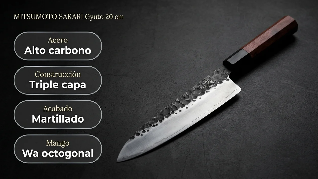 Datos del gyuto MITSUMOTO SAKARI: acero al alto carbono en triple capa, acabado martillado y mango wa octogonal