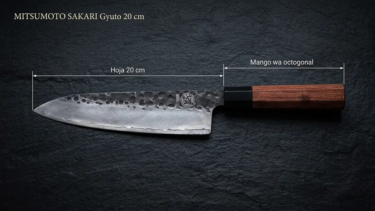 Gyuto MITSUMOTO SAKARI acotado: hoja de 20 cm y mango wa octogonal de madera de palisandro