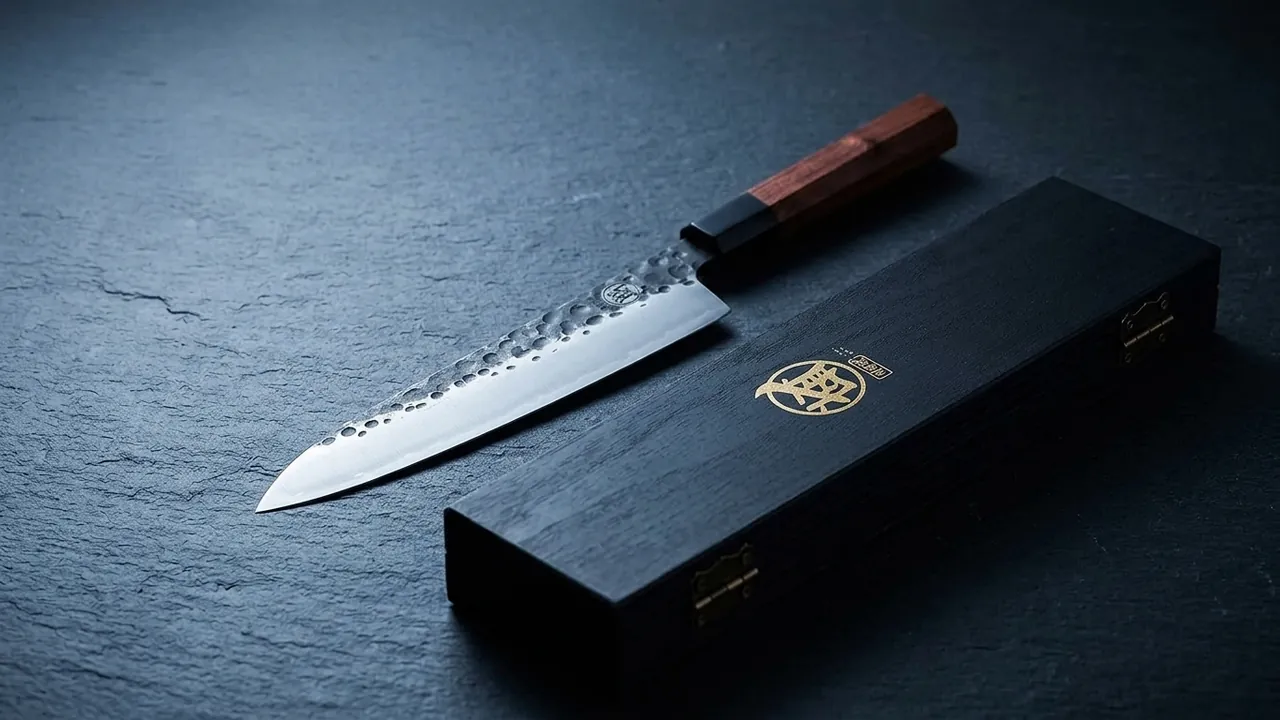 Gyuto MITSUMOTO SAKARI de 20 cm junto a su caja de madera negra con sello dorado sobre pizarra oscura