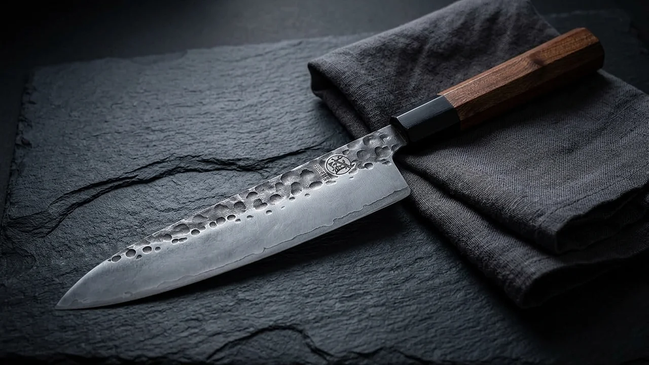 Cuchillo gyuto japonés Mitsumoto Sakari de acero triple capa con mango octogonal de palo de rosa
