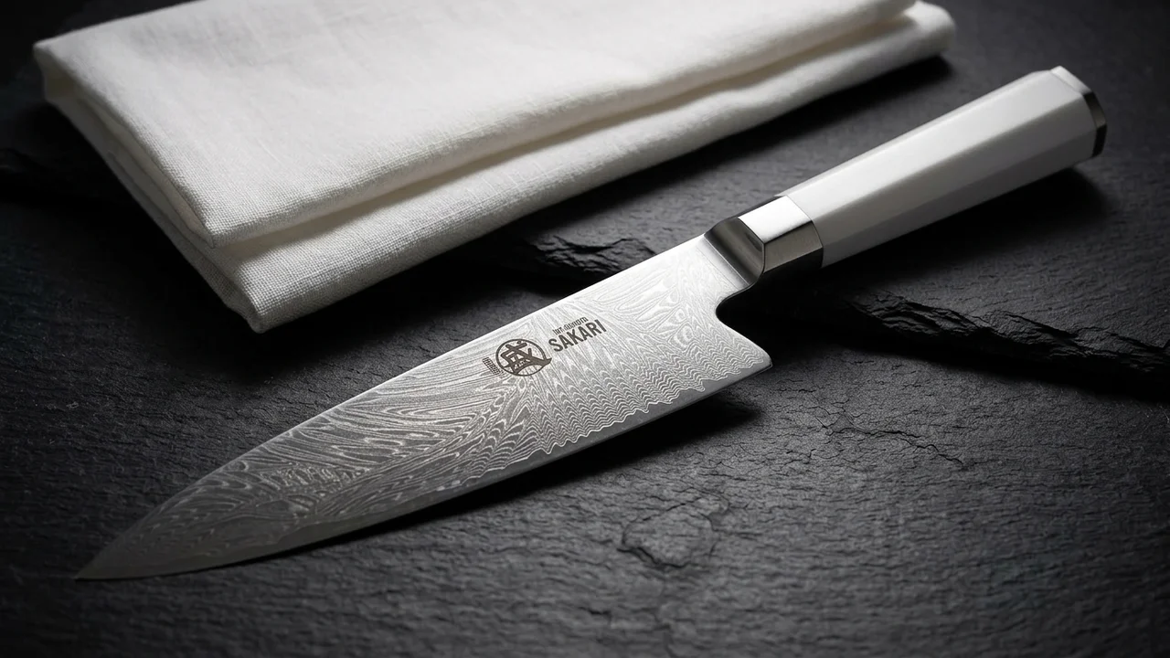 Cuchillo gyuto japonés Mitsumoto Sakari de damasco VG-Pro con mango blanco G10