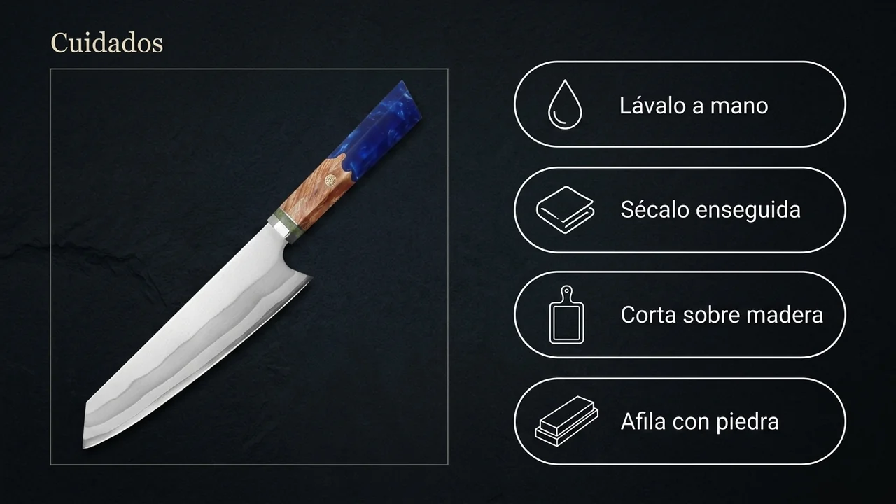 Cuidados del kiritsuke damasco MITSUMOTO SAKARI: lavar a mano, secar enseguida, cortar en madera y afilar en piedra