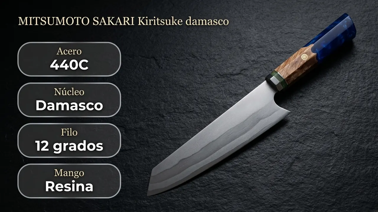 Ficha del kiritsuke damasco MITSUMOTO SAKARI: acero 440C, nucleo damasco, filo a 12 grados y mango de resina