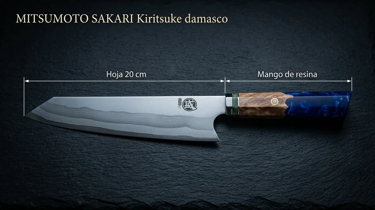 Kiritsuke damasco MITSUMOTO SAKARI acotado: hoja de 20 cm y mango octogonal de resina azul