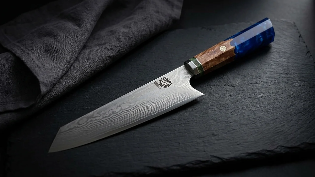 Cuchillo kiritsuke japonés Mitsumoto Sakari de damasco 440C con mango de madera de granada