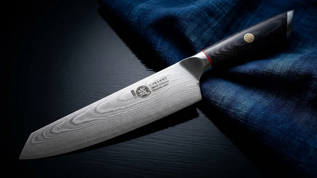 Cuchillo kiritsuke japonés Mitsumoto Sakari de damasco AUS-10 67 capas con mango de pakkawood