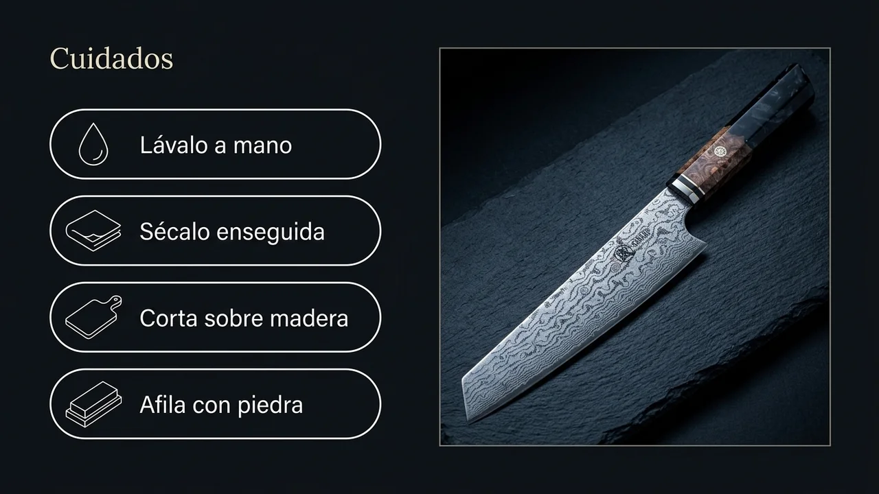 Cuidados del kiritsuke damasco MITSUMOTO SAKARI de 22 cm: lavado a mano, secado, corte en madera y piedra de afilar