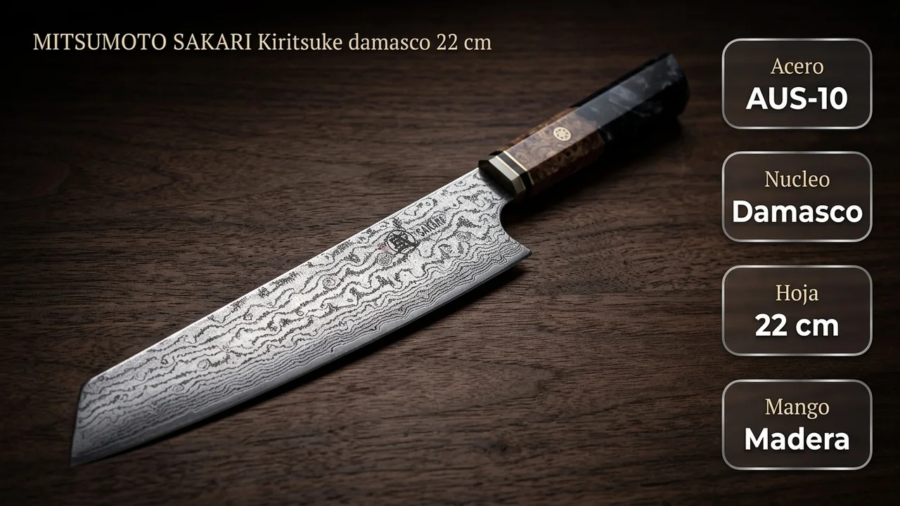 Ficha técnica del kiritsuke damasco MITSUMOTO SAKARI de 22 cm: acero AUS-10 con núcleo damasco y punta en ángulo