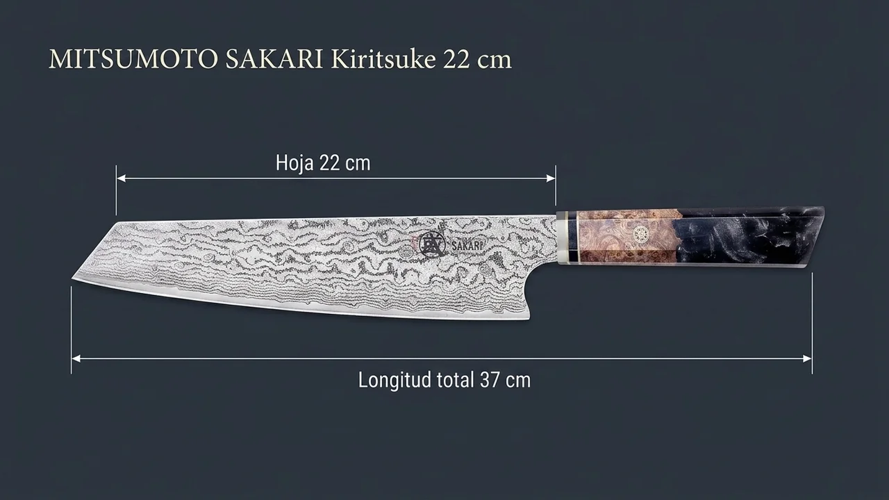 Medidas del kiritsuke damasco MITSUMOTO SAKARI de 22 cm: hoja de 22 cm y 37 cm de longitud total sobre piedra oscura