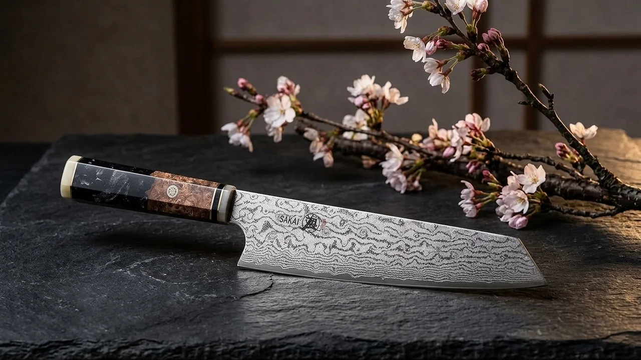 Cuchillo kiritsuke japonés Mitsumoto Sakari de damasco AUS-10 de 22 cm con mango de madera de granada